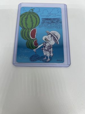 a picture of a card with a picture of a man eating a watermelon