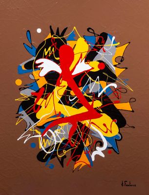 un tableau représentant un visage composé de nombreuses couleurs et formes différentes