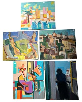 four paintings of a woman sitting on a bench in front of a window