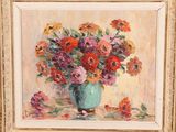 an oil painting of a vase of flowers on a table