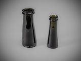 two black vases sitting next to each other on a table