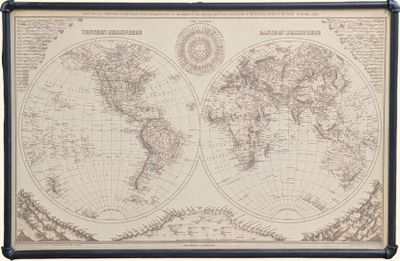 an old map of the world is shown in a black frame