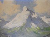 a painting of a mountain with a bird flying over it