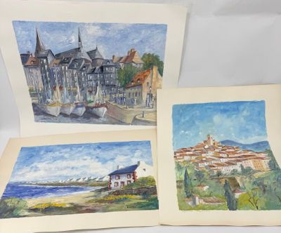 trois aquarelles représentant des bâtiments et une plage sur fond blanc