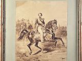 painting of a man riding a horse in a field with trees in the background