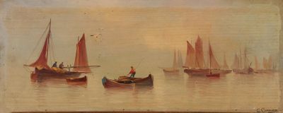 an image of a painting of a group of boats in a body of water
