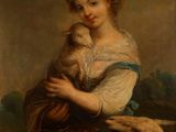 un tableau représentant une femme tenant un chien dans ses bras