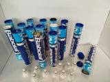 a lot of blue and white toothbrushes and toothpaste