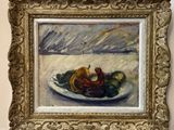 a painting of a plate of fruit on a table