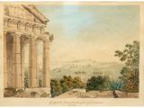 a painting of a view of a greek temple with a view of a valley in the distance