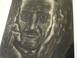a black and white drawing of a man smoking a cigarette