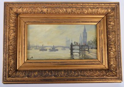 une peinture à l'huile représentant un paysage urbain avec un pont au premier plan