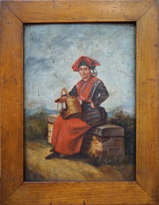 un vieux tableau représentant une femme assise sur une caisse en bois