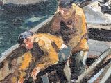 a painting of two men in a boat on the water