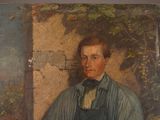 painting of a man in a blue shirt and bow tie holding a book