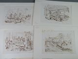 four drawings of people and animals in a field with a barn in the background