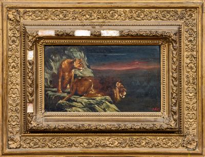 une image représentant un tableau où figurent un lion et un chien dans un paysage rocheux