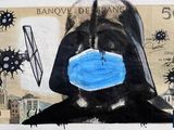 a drawing of a darth vader with a blue mask on