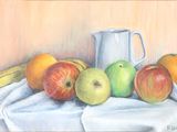 a painting of apples, oranges, bananas and a pitcher on a table