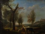 painting of a painting of a man and a woman with cattle in a wooded landscape