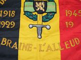 flags are displayed on a table in a room with other flags