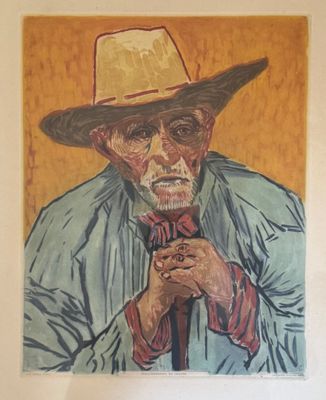 tableau représentant un vieil homme portant un chapeau et tenant une cravate