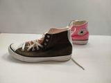 pair of black and pink converses with white laces on them