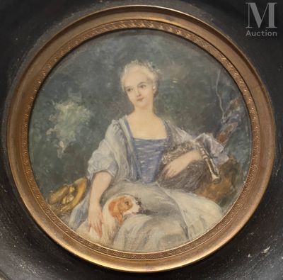 un tableau représentant une femme avec un chien, assise sur une chaise