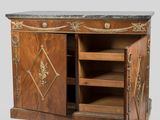 a cabinet that has a marble top and drawers