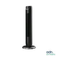 a black tower fan sitting on top of a table