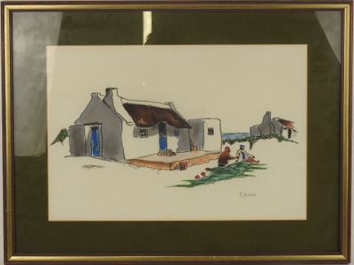 tableau encadré représentant une scène de vie à la ferme avec un cheval et des personnages