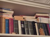 many books that are on a shelf in the room