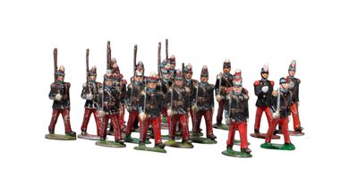 the toy soldiers are dressed in red and black uniforms