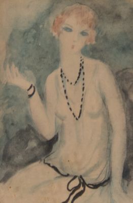 tableau représentant une femme assise sur un canapé, portant un collier de perles