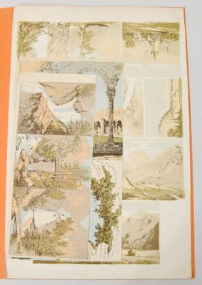 a picture of a book with pictures of mountains and trees