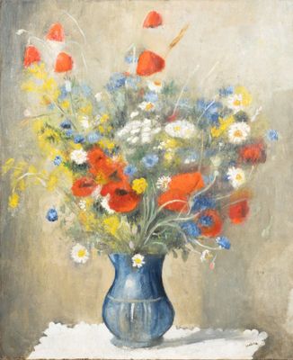 a painting of a vase of flowers on a table