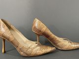 a pair of women ' s gold snakeskin high heels