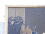 a painting of a vase of flowers and a plate of fruit on a table