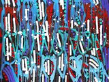 abstract painting of blue, red, and white paint on a black background
