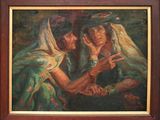une peinture à l'huile représentant deux femmes en robe verte et un homme coiffé d'un turban blanc