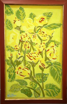 painting of yellow flowers in a red frame on a white wall