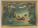 an image of a painting of a deer and two fawns by a river