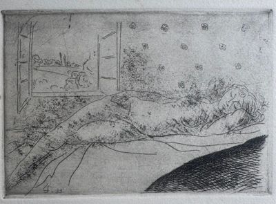 dessin représentant une femme allongée sur un lit devant une fenêtre