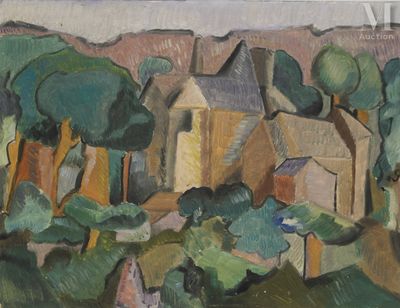 a painting of houses and trees in the background