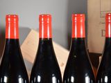 several bottles of red wine are lined up on a table