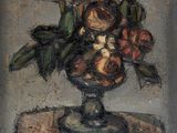 reproduction d'un tableau représentant un vase contenant des fruits et des fleurs posé sur une table