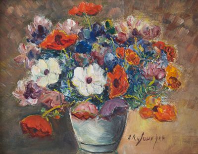 une peinture représentant un vase de fleurs sur une table