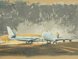 a painting of an airplane on the runway at the airport
