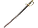 a close up of a sword on a white surface