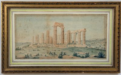 une vieille photo représentant un tableau montrant des ruines dans un désert